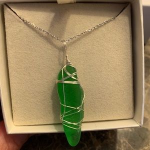 Handmade Green Seaglass Silver Wrap 20in Necklace